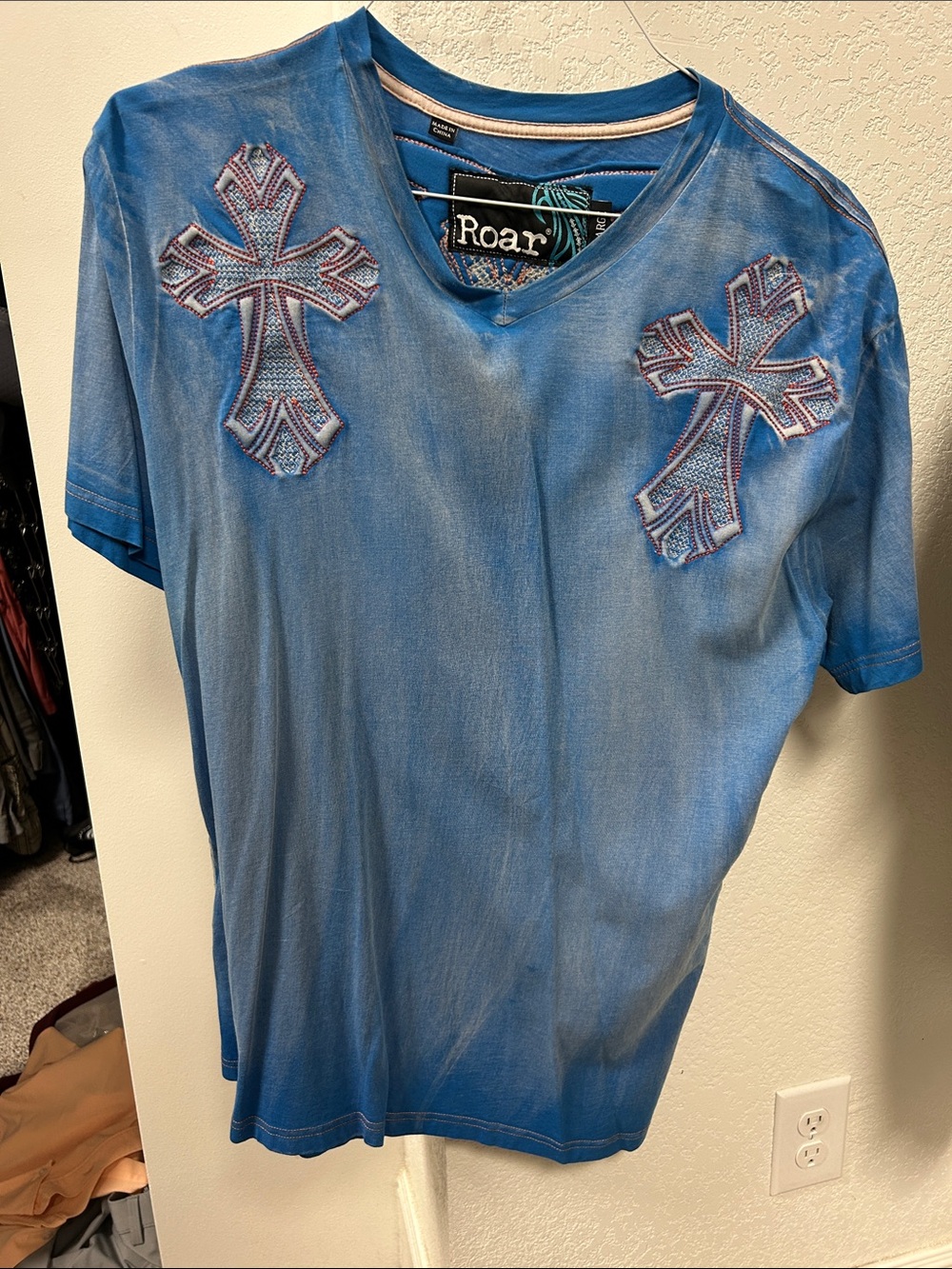 Roar Blue Short Sleeve Tee with Embroidered Crosses